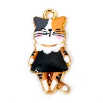 10 süße gewebte Katze mit Kleid geformt goldfarben Charm Anhänger mit Emaille Detail