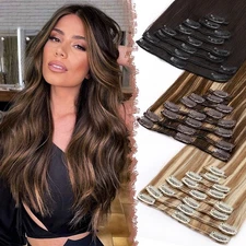 8Pcs Clip in 100% Remy Real Human Hair Extensions Full Head Balayage Ombre THICK