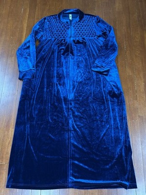 La Cera Blue Velour Velvet Smocked Zip Front Robe Lounger Size Small Pockets