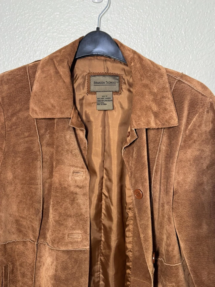 Abrigo de cuero Brandon Thomas para mujer mediano marrón gamuza retazos forrado trinchera Y2K Foto 2 de 4