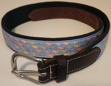 VINEYARD VINES Pastel Whale Club Size 28 Fabric Belt With Brown Leather