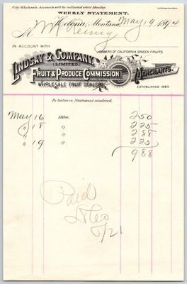Lindsay & Company Fruit Produce Dealers Helena, MT 1894 Billhead / Statement