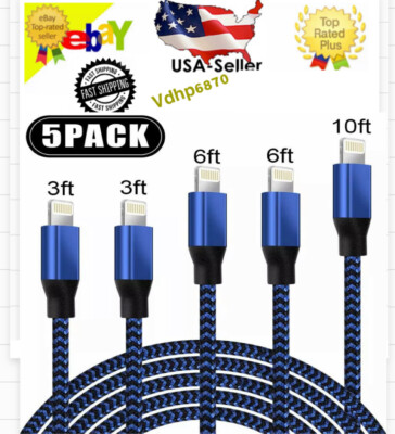 5 Pack Fast Charge Charging Cable Heavy Duty For iPhone 13 12 X 8 Plus  iPad Pro