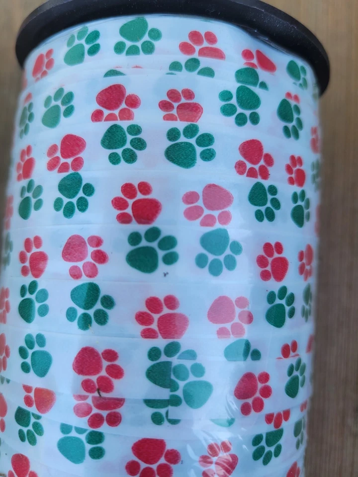 Ribbon Full Spool Paw Prints Dog Cat Green & Red Holiday Wrapping 3/8" X 250yd  - Image 3 of 4