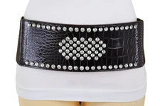 Women Dark Brown Faux Leather Elastic Wide Fancy Dressy Belt Silver Shield M L