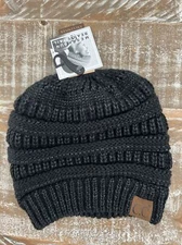 CC Beanie Tail CONFETTI Soft Stretch Cable Knit Messy High Bun Ponytail Beanie