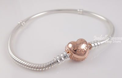 PAVE ROSE GOLD Plated HEART Clasp PANDORA Silver Bracelet 7.1
