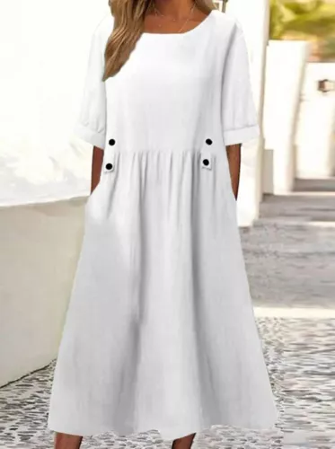 2023 kurzärmeliges Damenkleid aus Baumwolle Leinen Sommerkleider Midi Maxi Boho Freizeitkleid - Bild 14 von 18