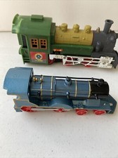  2 Toy Trains Blue: Metal Schyling 6.5  Green Plastic Sounds 7.5  