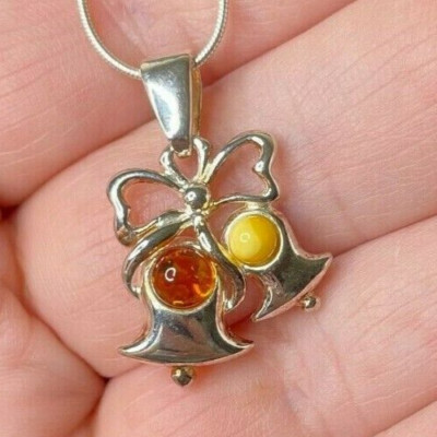 Sterling Silber Weihnachtsglocken Schleife HALSKETTE Honig Butterscotch Eigelb Bernstein