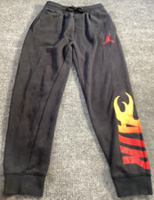 Air Jordan Sweat Pants Boys Large Flames Black Red Yellow Stretch Flame Pockets