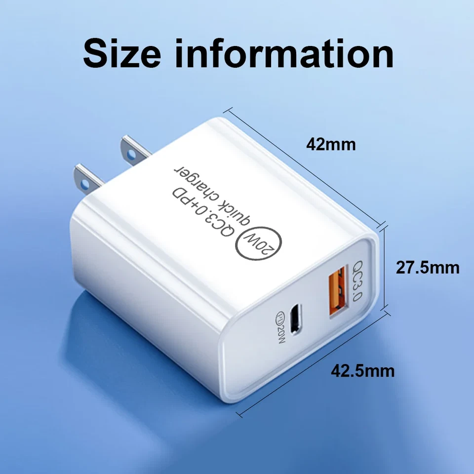 Adaptador de pared PD de 20 W cargador rápido QC 3.0 alimentación para Samsung cable USB tipo C de 10 pies Foto 2 de 4