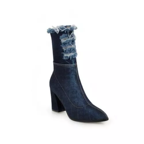 Damen Stiefeletten Schuhe Denim mittlere Wade spitz hohe Absätze gerissener Lochreißverschluss neu - Bild 8 von 16