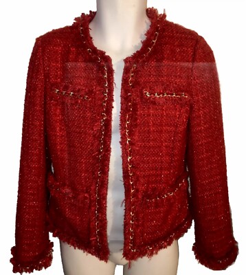 Boston Proper Splash Grenadine Parisian Tweed Blazer Jacket Red Gold Chain 6