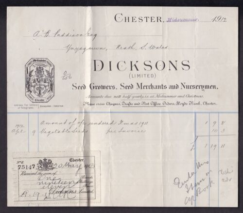 Cheshire CHESTER Dicksons Seed Merchants 1912 invoice - Picture 1 of 1