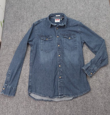 Wrangler Denim Shirt Mens Medium Blue Indigo Perl Snap Western Cowboy Rodeo