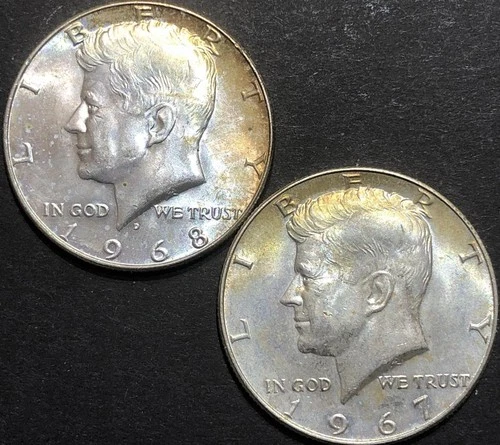1967 1968 D KENNEDY HALF DOLLAR SILVER COIN LOT 2 pc UNC