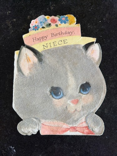 Vintage Birthday Cat Kitten Flowers Gray Bow Flocked Greeting Card 1940s 1950s