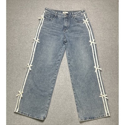 T.E.N.T.H.I.R.T.Y Jeans Wide Leg Light Blue Wash Pin Striped Bows Size 9/29