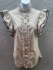 The Shirt Rochelle Behrens Small Top Dress 28" Long Ruffle Tan White Gingham