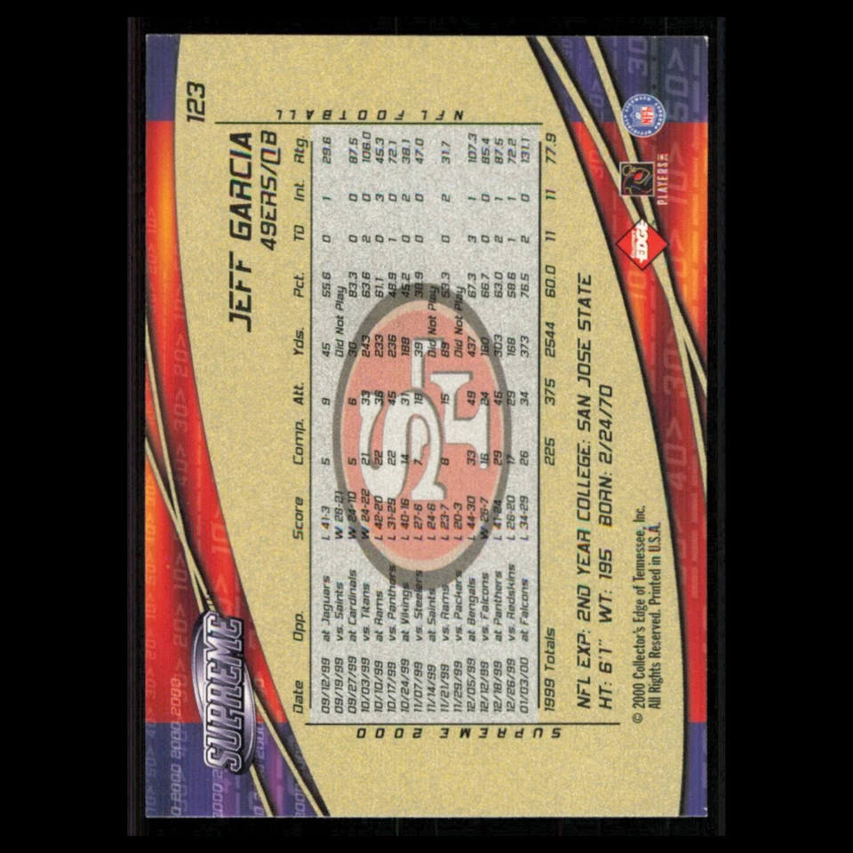 Jeff Garcia #123 2000 Collectors Edge Supreme San Francisco 49ers Football Card - Image 2 of 3