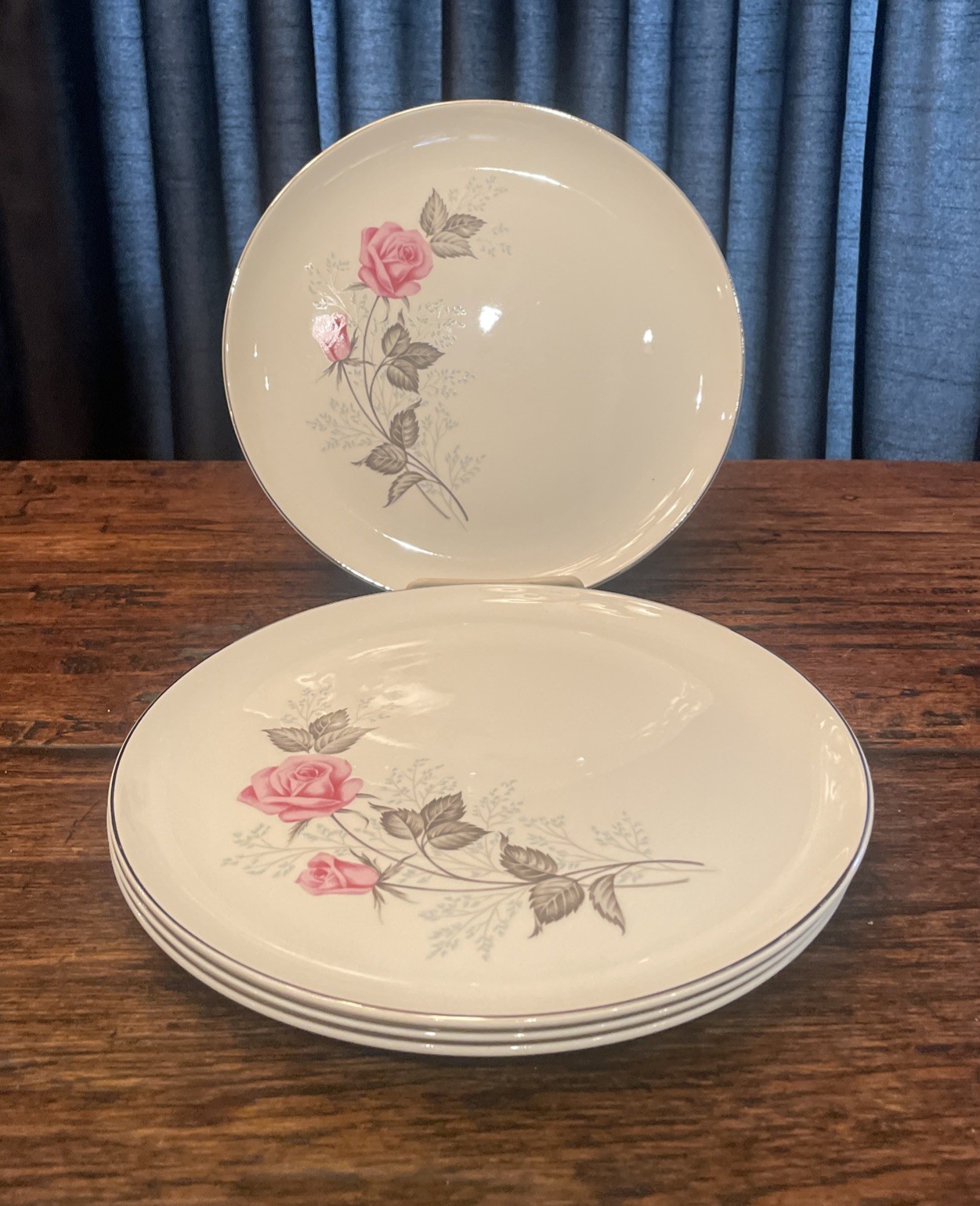 MCM Set of 4 Summer Rose Platinum Taylor Smith & Taylor 10 1/4” Dinner Plates