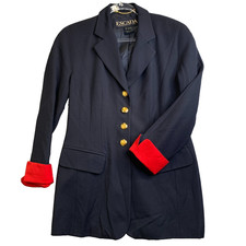 VTG Escada Margaretha Ley Wool Blazer Womens 36 Blue w/Red Cuffs Gold Buttons