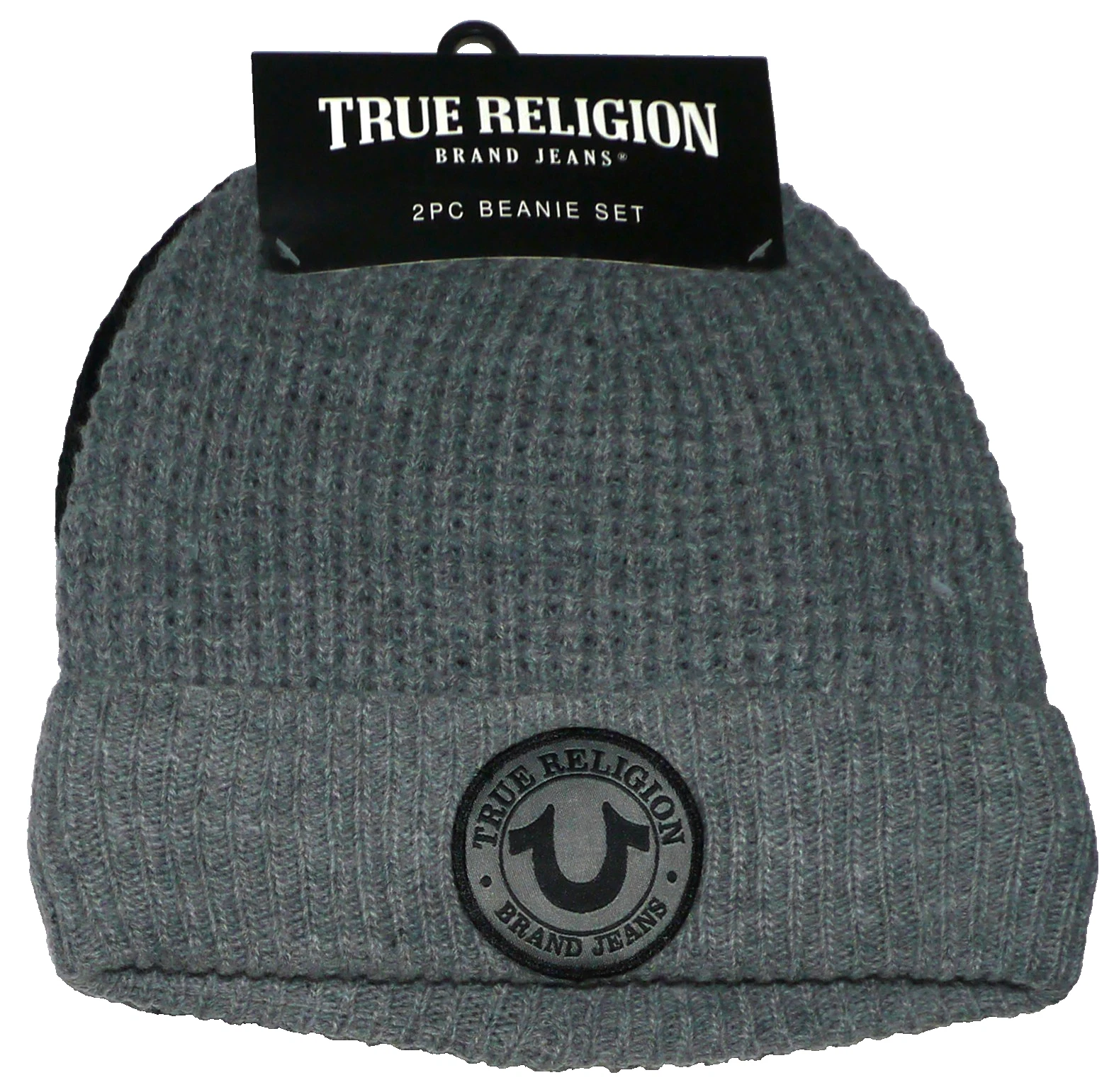 NEW True Religion Men 2 Pk Gray & Black Knit Lined Beanie Hats Horseshoe Logo
