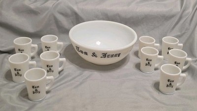 Vintage MCM Tom & Jerry Milk Glass Punch Bowl Set with 10 Cups Old English Font