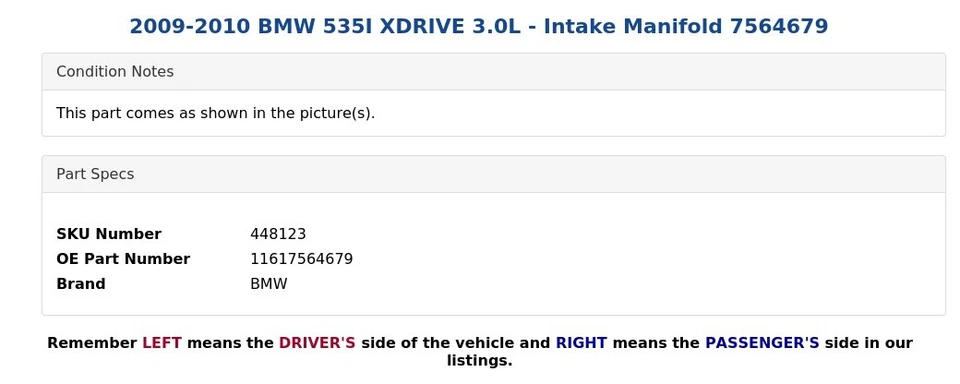 BMW 535I XDRIVE 2009-2010 3,0 L - Colector de admisión 7564679 Foto 4 de 4