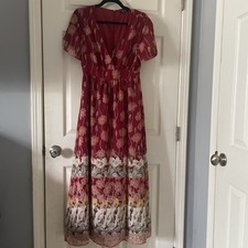 madewell dress 4 maxi red floral faux wrap lined country cottage core