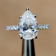 3.2ct Pear Cut VVS1 Moissanite Hidden Halo Engagement Ring 14K White Gold Plated
