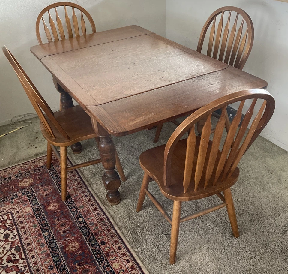 Vintage Solid Oak Dining Rectangle 59.25” Table. 4 Arrowback Chairs. Made Taiwan - Image 3 of 4