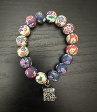 Multicolor Floral Polymer Clay Beaded Stretch Bracelet w/ Dangle Charm