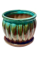 Allen + Roth 5.5” Ceramic Planter – Glazed Turquoise & Copper Built-In Drip Tray