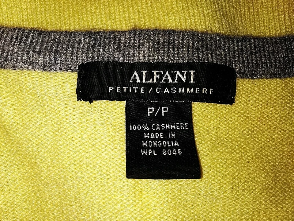 ALFANI-Size Petite Yellow 100% Cashmere Pullover w/Gray Trim &Ribbed Side Panels — 第 2/4 张图片