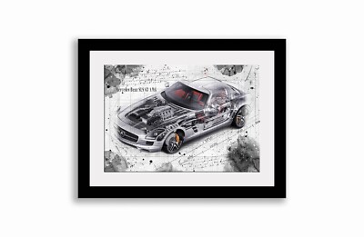 Line Tech Zeichnung Mercedes Benz SLS 63 AMG Cutaway Kunst Posterdruck