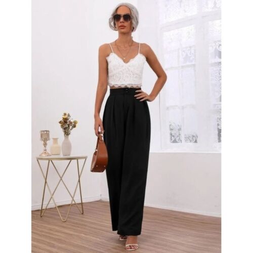 NEW SHEIN Frenchy High Waist Fold Pleated Wide Leg Pants Color Black Size L - Picture 3 of 7