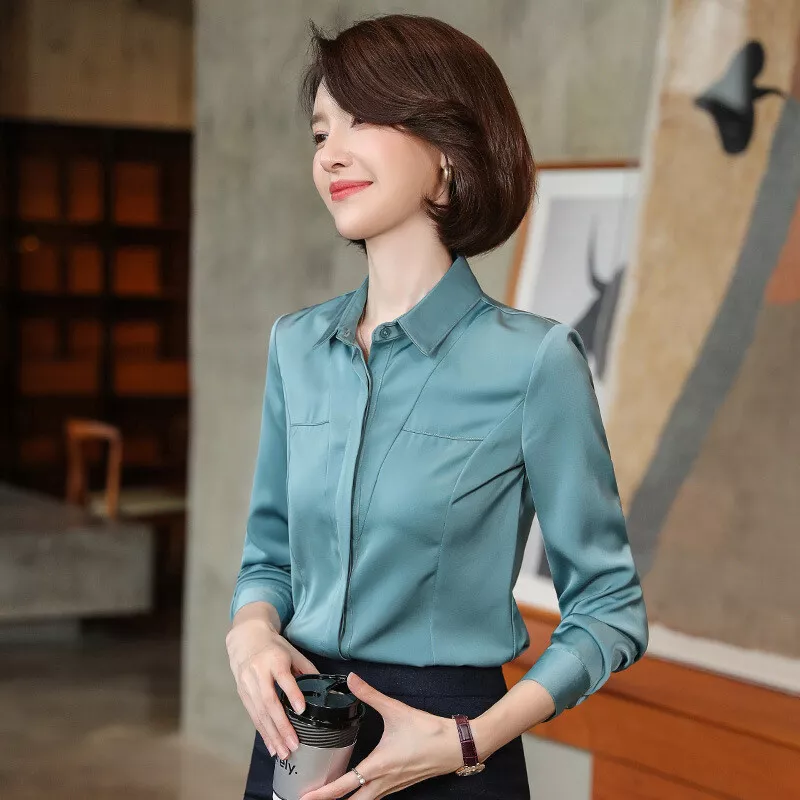 New Green Black Shirt Women Casual Tops For Korean Fashion Slim Office  Blouse