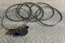 Silver-toned bangle bracelets - Set of 5 + 1 Expandable Charm Bracelet.