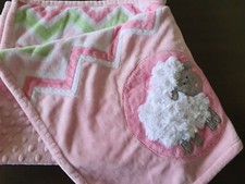 Lambs  Ivy  Pink Green Chevron Embroidered White lamb Baby Blanket 30 40 Lovey