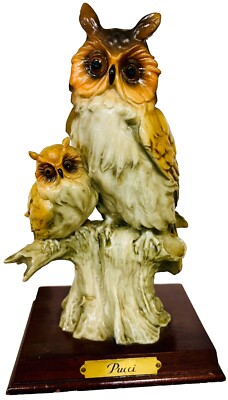 Vintage Pucci Owl Owlet Baby on Wood Base with Brass Plate & Signed