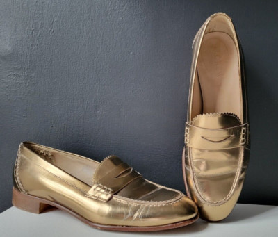 J CREW GOLD GENUINE LEATHER PENNY LOAFERS FLATS Sz