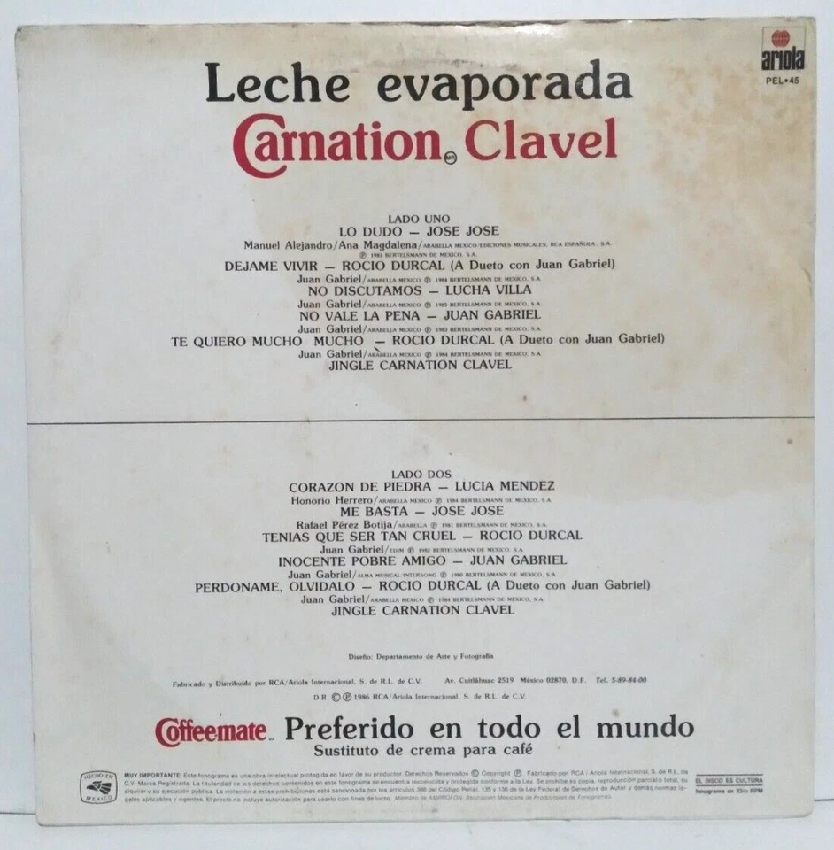 JUAN GABRIEL ROCIO DURCAL JOSE JOSE 1986 CARNATION CLAVEL SPECIAL ED. MEXICAN LP - Image 2 of 4