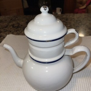 Antique Vintage White Graniteware 5 Piece Beggin Coffee Pot