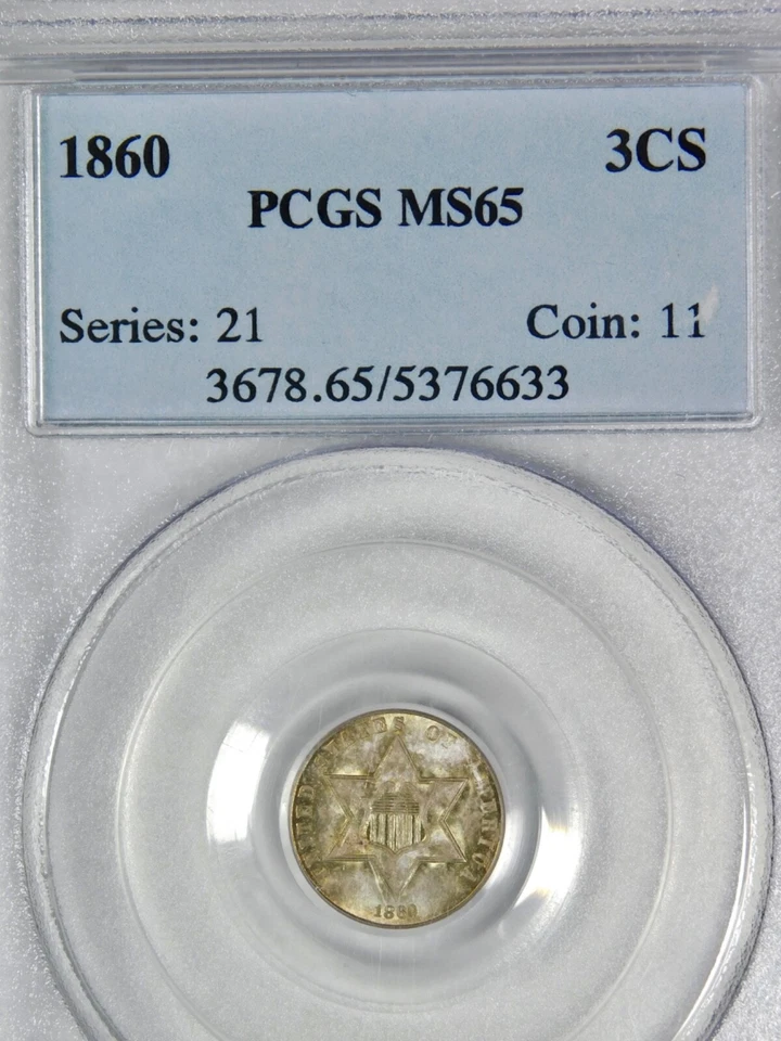 🔥🥶💎🇺🇸😍PCGS MS65 1860 3 CENT SILVER - Image 2 of 3