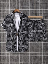 Men'S 2pcs Summer Set, Hawaiian Leaf Print Short Sleeve Button- Shirt with Lapel