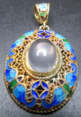 Chinese Export Genuine Quartz Blue Enamel Flowers Sterling Silver 925 Pendant