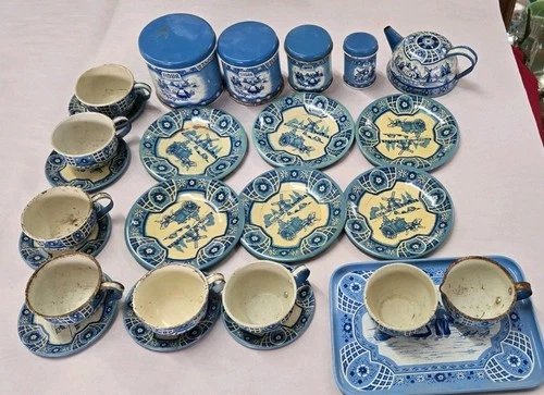 Vtg 1955 Wolverine (USA) Tin Litho Tea Set For 6, Canister Set Blue Dutch 26 Pcs