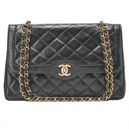 CHANEL Lambskin Matelass Paris Limited Double Flap Chain Shoulder Bag Black Gold